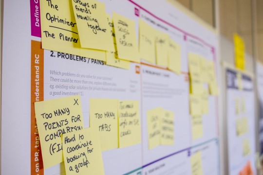 A planning board on the wall with several yellow post-it notes