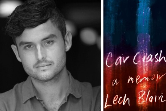 A black and white headshot of Lech Blaine and the cover of his book
