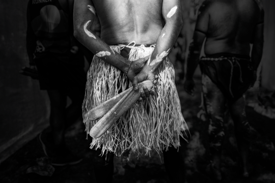 First Nations performers waiting side stage to perform at Laura Quinkan Dance Festival