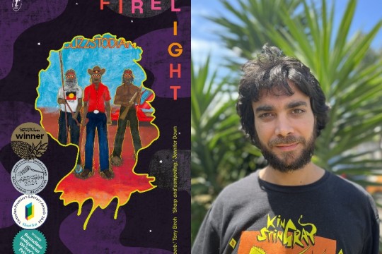 Composite image showing the book cover FIRELIGHT by John Morrissey and a photo of John wearing a King Stingray t-shirt