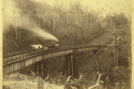 Locomotive coal wagon and carriage on the bridge in Main Range, ca.1880.
