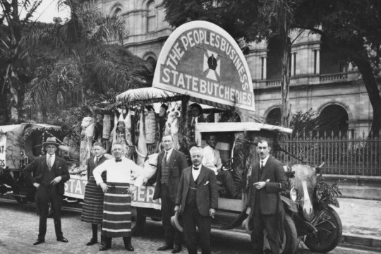 Butchers posing in front of their Labor Day float Brisbane 1920