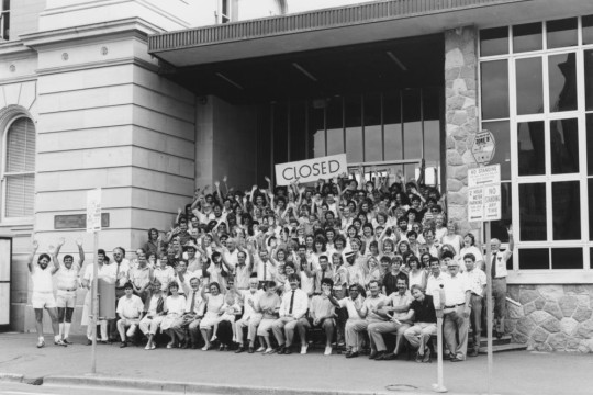 Library staff celebrate the closure of the old State Library building in William Street, Brisbane, 1988. John Oxley Library, State Library of Queensland. Neg 68154
