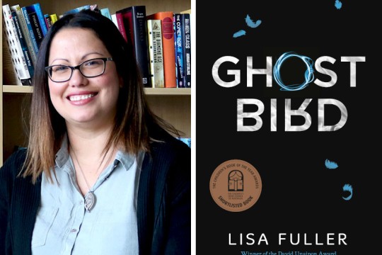 Two images the left is of author Lisa Fuller from the chest up She is wearing glasses and smiling The left is the book cover of Ghost Bird it is black with white text and a few blue feathers