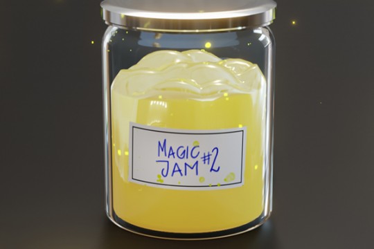 A magical jar of jam light particles flying around label reads Magic Jam