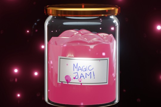 A magical jar of jam light particles flying around label reads Magic Jam