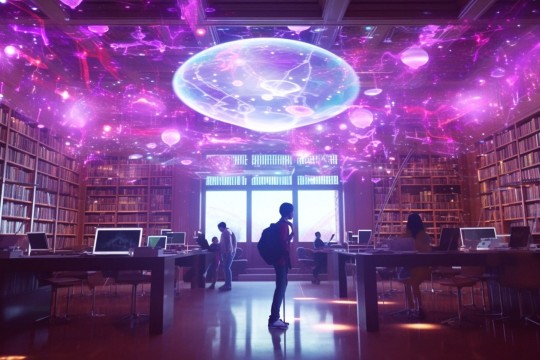 Students in library with pink lights above