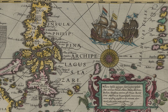 Historic 17th-century map of Southeast Asia including the Philippines, Indonesia, Malaysia, and parts of Papua New Guinea, with Latin place names and decorative illustrations of ships, compass roses, and sea creatures.