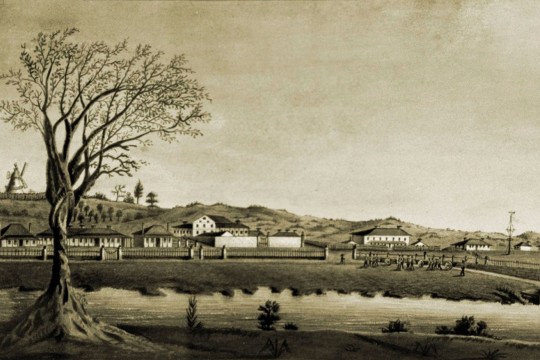 Watercolour painting of Moreton Bay Settlement New South Wales in 1835.