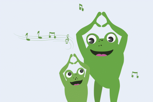 Two frogs dancing to music