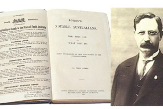 Open book of Notable Australians and sepia photo of editor Fred Johns