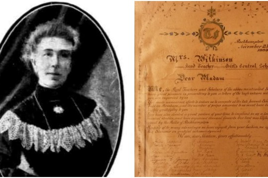 Portrait of Fanny Wilkson left and Frank Wilksons Illuminated Address 1883 right
