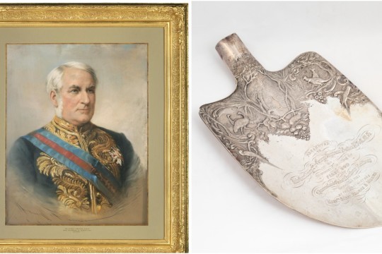 Portrait of Sir George Bowen first Governor of Queensland left and a sterling silver ceremonial spade from 1865 right