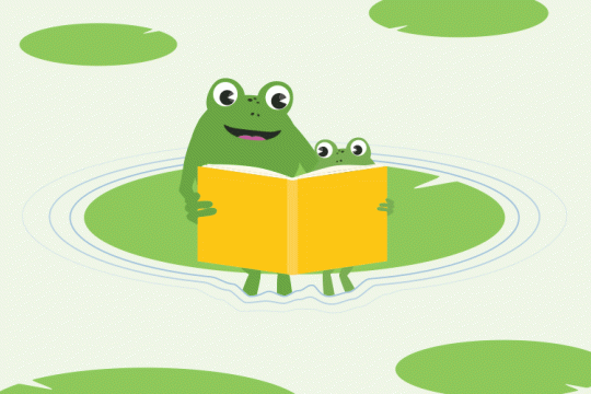 Two frogs reading a book in a pond