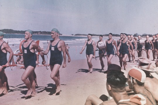 Parade at a surf carnival on a Gold Coast beach in the 1940s