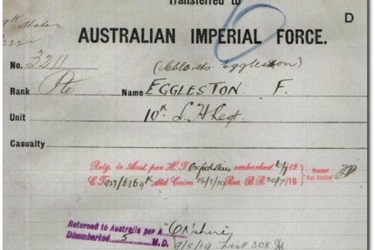 Extract from Frank Egglestons service record