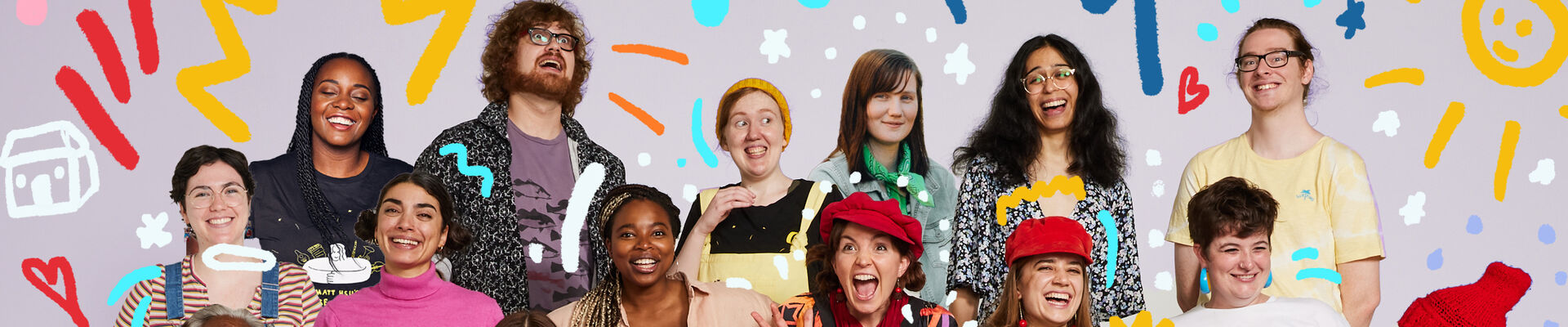 A group of musicians in bright clothing smiling and posing for the camera with colourful illustrations drawn on the digital image
