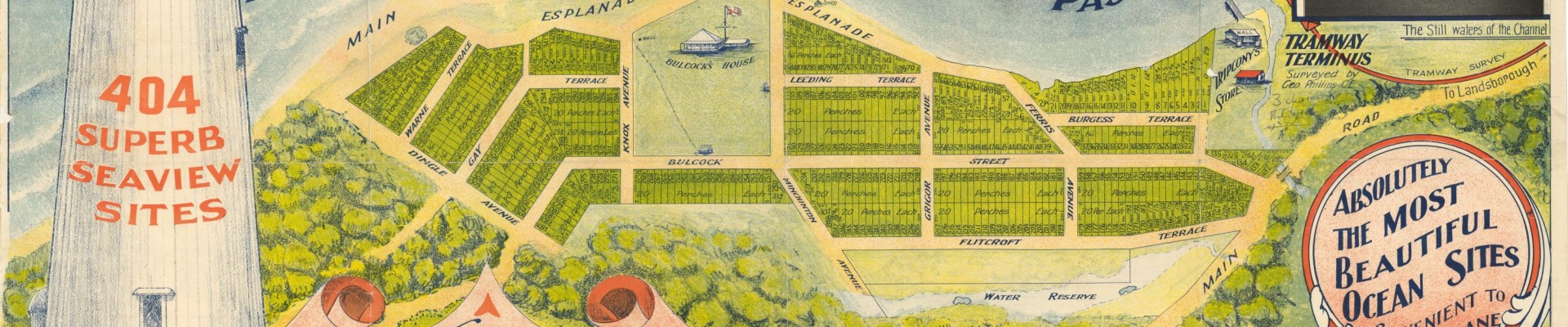 Coloured estate map of Caloundra Bullock Estate featuring a light house and the Bribie Island Passage
