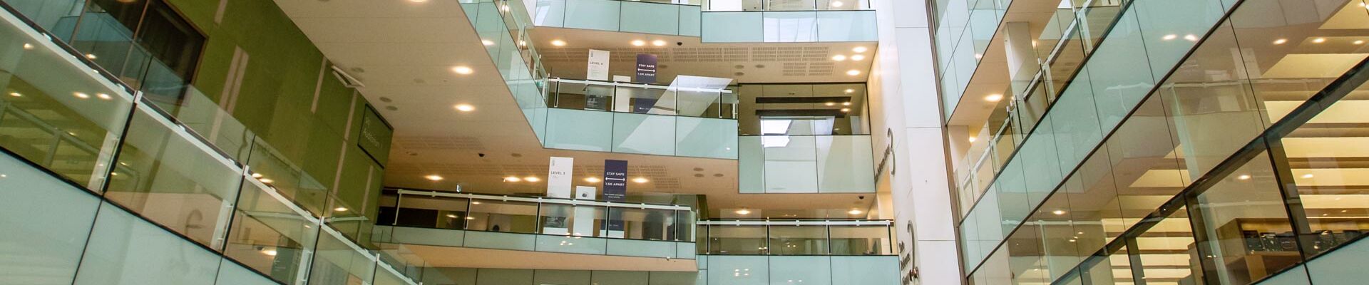 View from the ground floor up into the atrium in the State Library building