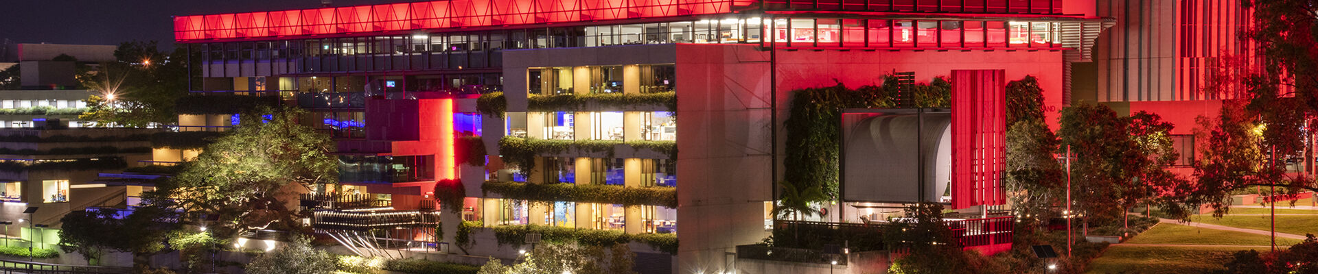 State Library lit red for Remembrance Day State Library building at night lit red for Remembrance Day