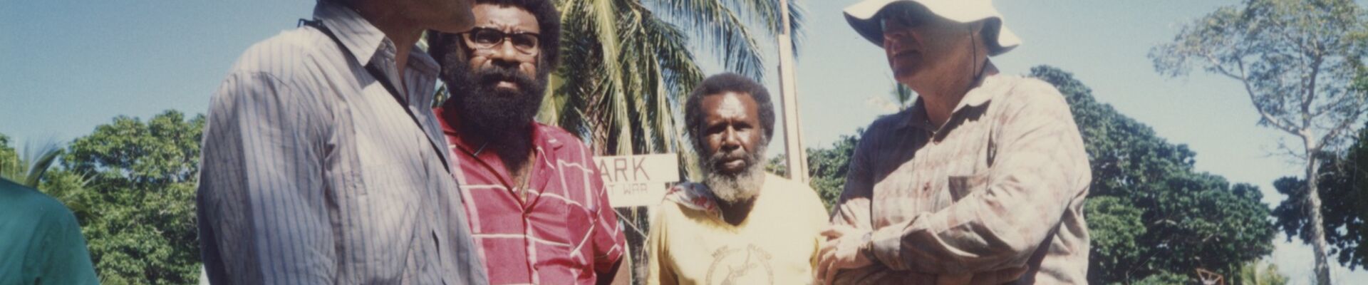 4 men including Eddie Mabo at ANZAC Park Mer Island May 1989