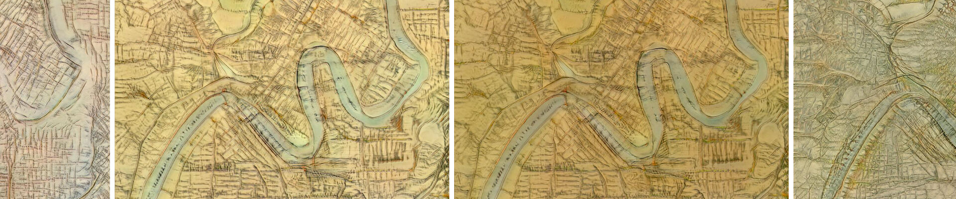 Four variations of a machine generated map from Mapping Future Brisbane