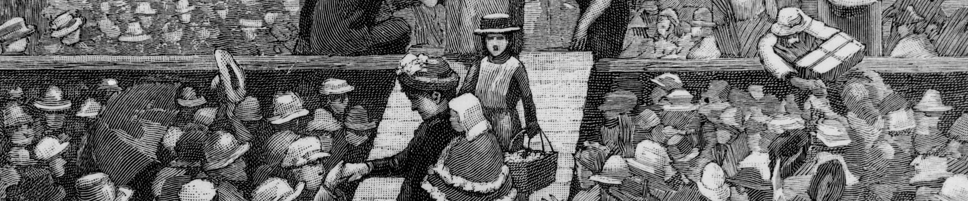 Drawing of women disembarking from a ship circa 1885