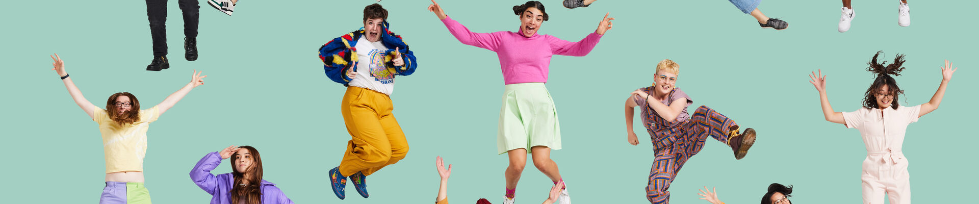 A digital image of musicians jumping joyfully against a mint coloured background