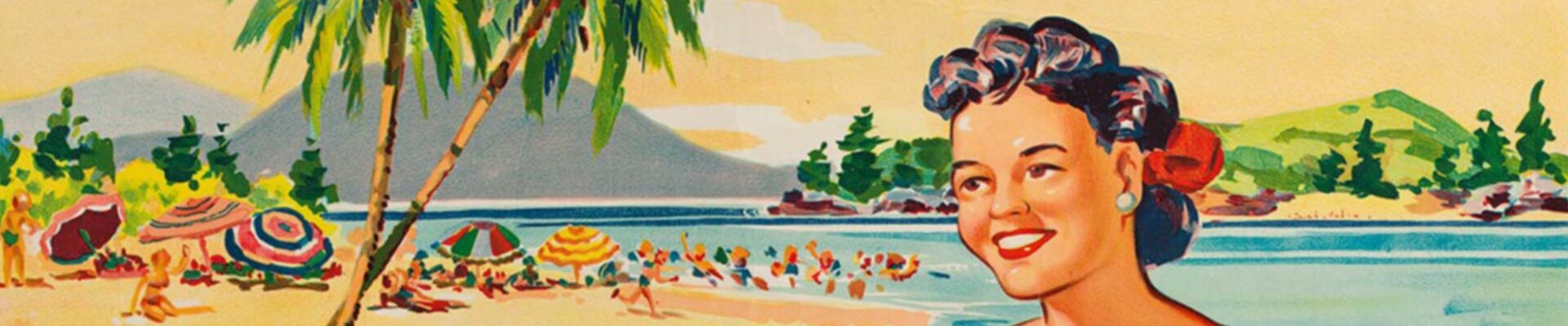 Drawing of a woman in a blue bathing suit waterskiing at Lindeman Is Great Barrier Reef ca 1940
