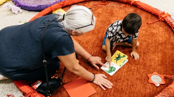 Lady pointing out words and pictures in a book to child