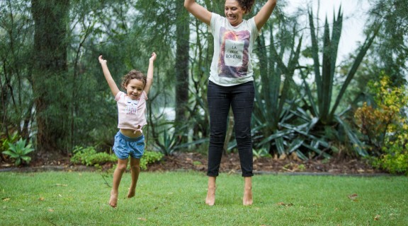Mum and daughter in the backyard