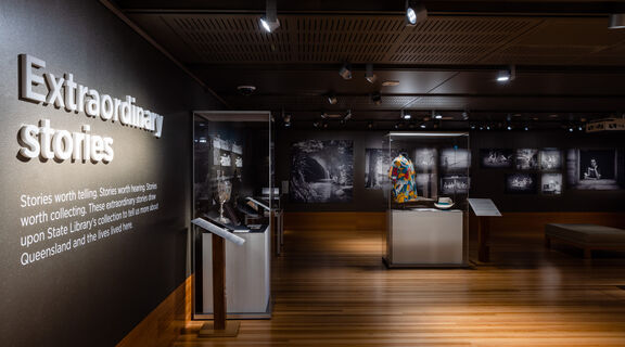 View of Extraordinary Stories exhibition, in Philip Bacon Heritage Gallery, Level 4. Photo by Josef Ruckli.
