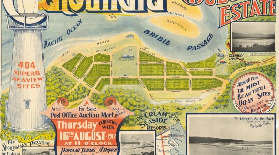 Coloured estate map of Caloundra Bullock Estate, featuring a light house and the Bribie Island Passage