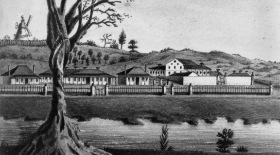 Black and white sketch depicting Brisbane circa 1835, showing buildings along the river including the old windmill and Convict hospital.