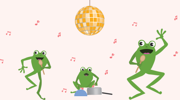 Illustrated frog family singing and playing