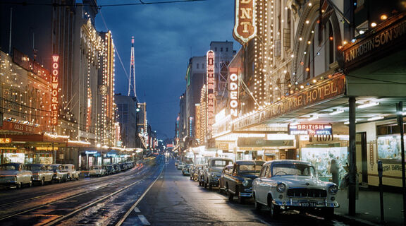 Night view of Queen Street Brisbane, 1959