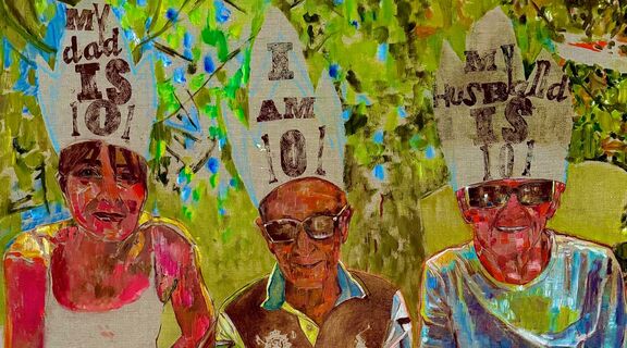 Oil on canvas painting of 3 people celebrating a 101st birthday. Each person wears a party hat.