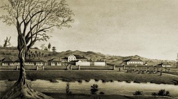 Image of a watercolour painting of Moreton Bay Settlement New South Wales in 1835