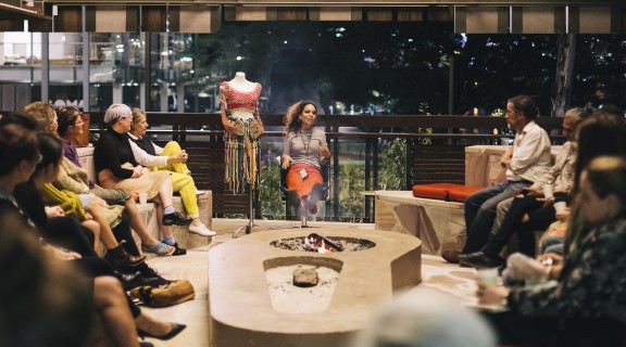 People gathered in State Library's Talking Circle to listen to Elisa Jane Carmichael. Photo by Joe Ruckli.