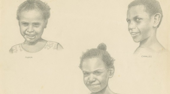 Pencil drawing portraits of the heads and shoulders of three First Nations children