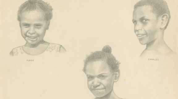Pencil drawing portraits of the heads and shoulders of three First Nations children