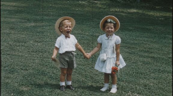 Two small children holding hands in a backyard.