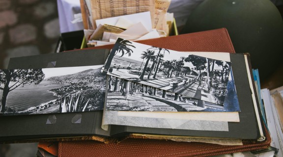 Old photographs in wooden box. 