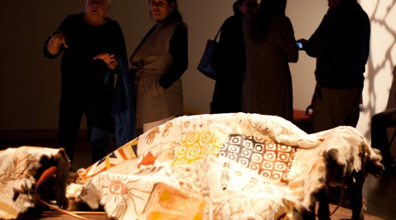 Display of a possum skin cloak at the Art of the Skins exhibition