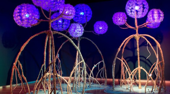 Lit artwork as part of the Our Dreaming exhibition