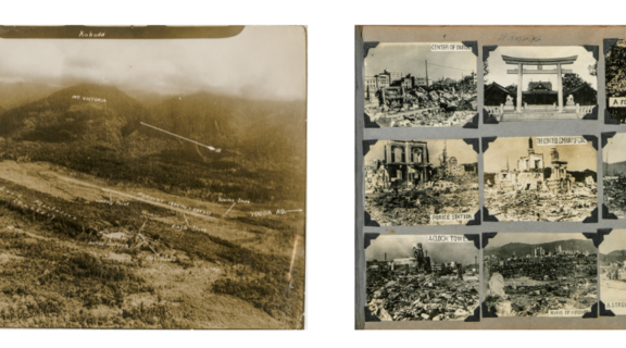 Courier Mail snapshot, Aerial photograph of Kokoda, Hiroshima photographs and a service medal. 