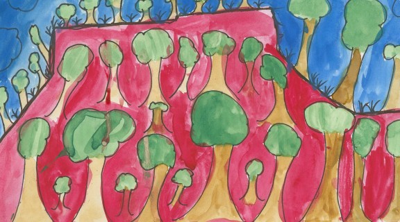 Child's artwork of trees with a virbrant colour.