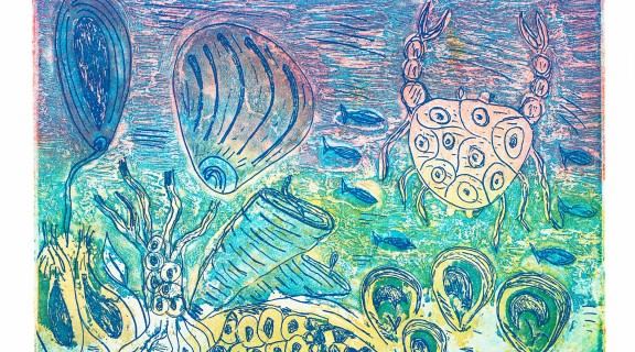 Edna Ambrym Mayi Bugaam - Sea, 2017 - Two plate colour etching Courtesy of Yarrabah Arts and Cultural Precinct