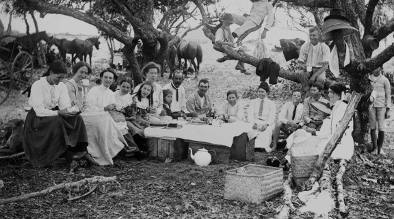 Large family group sitting around a picnic with 3 people in a tree behind, 1900-1910