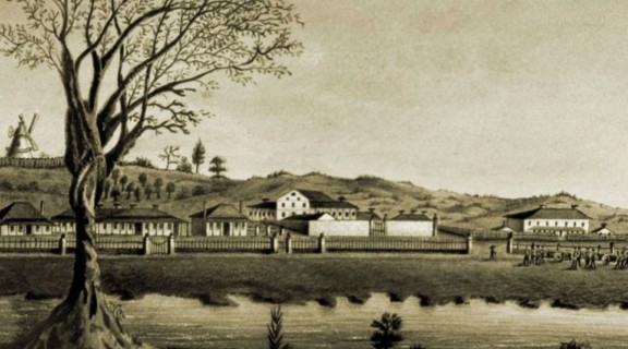 Watercolour painting of Moreton Bay Settlement New South Wales in 1835.